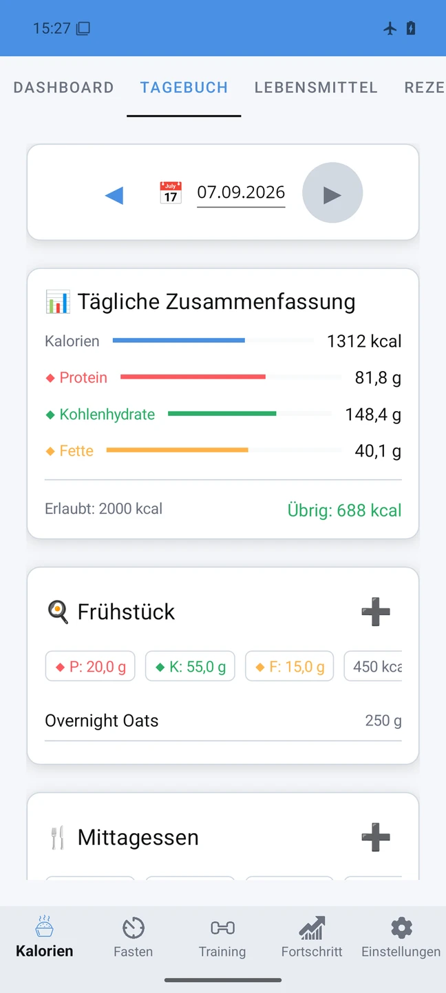 OptiFit-Ernährungstagebuch mit Beispieldaten aus der Entwicklung