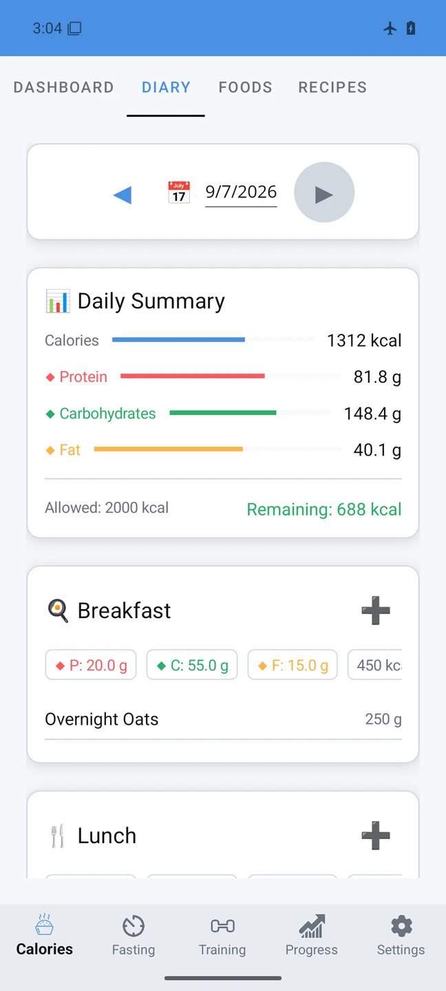 OptiFit development food diary with sample data